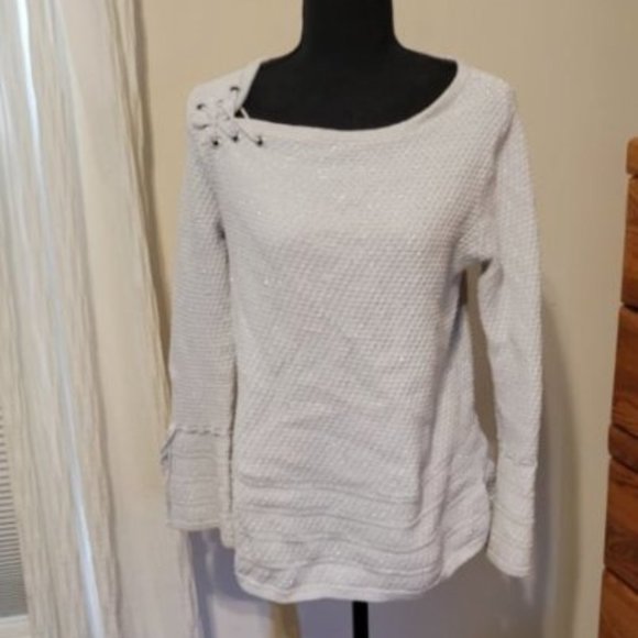 Style & Co Off White Sweater, Hint of Silver, Neck and Sleeve Details, Size L - Picture 1 of 3